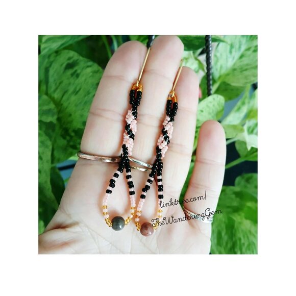 BOGO EARRINGS Rhodonite Gemstone Spiral Beaded Dangle Earrings, Pink & Black - Picture 6 of 9